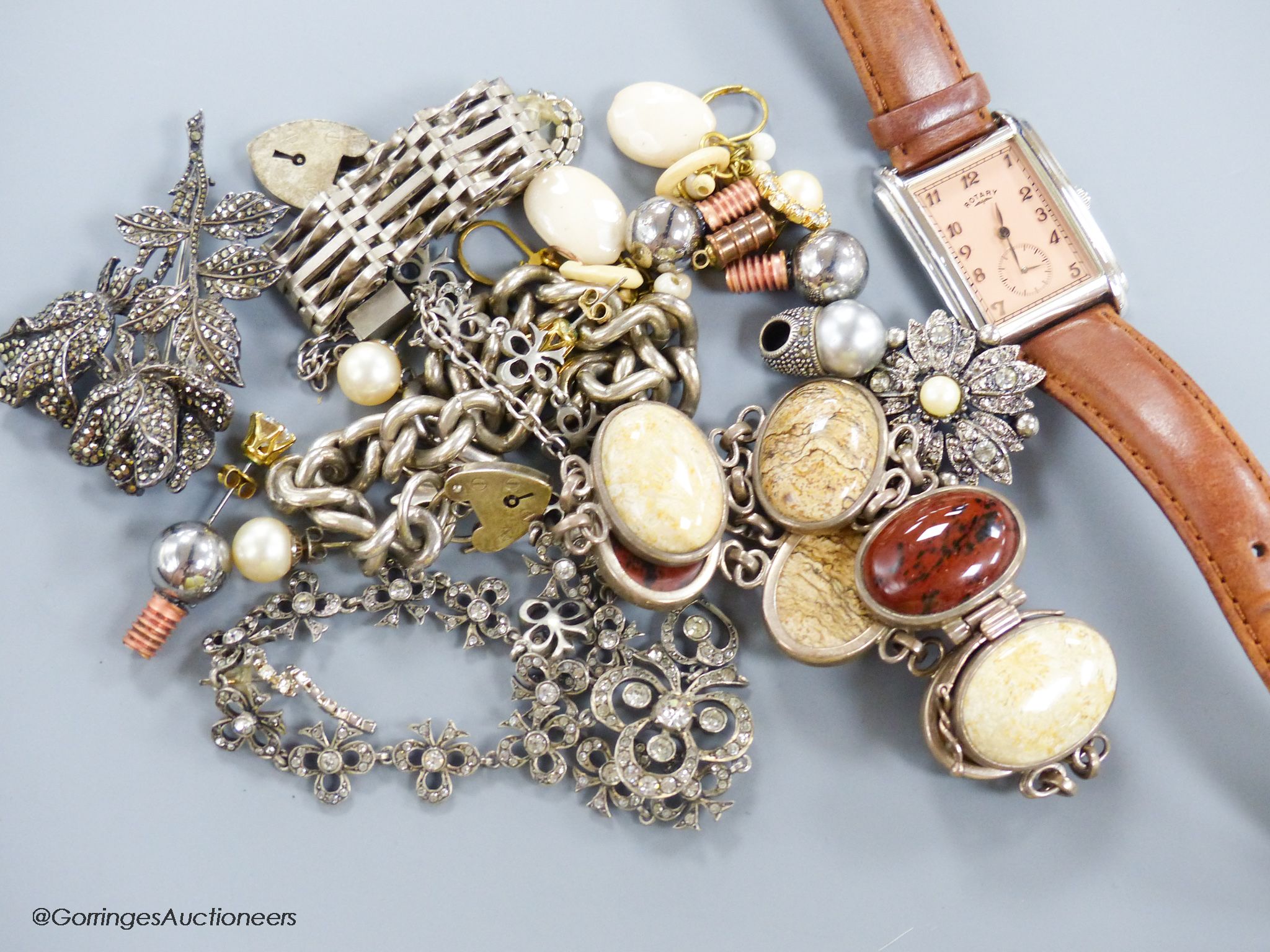 A silver curblink bracelet, a paste set necklace, a gentleman's steel Rotary quartz wrist watch, cabochon hardstone bracelet and other minor costume jewellery.